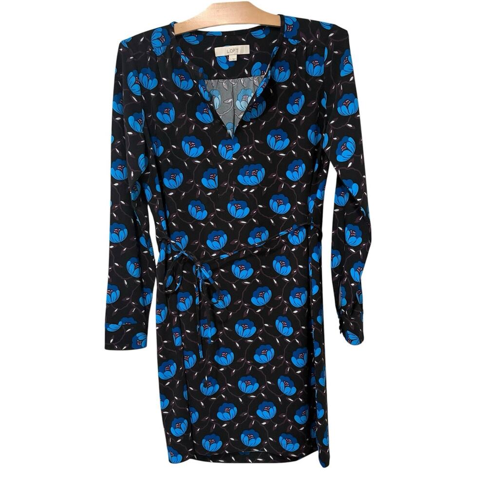 Ann Taylor LOFT | Dress Black Floral Long Sleeve V Neck Career Mod- Size Small